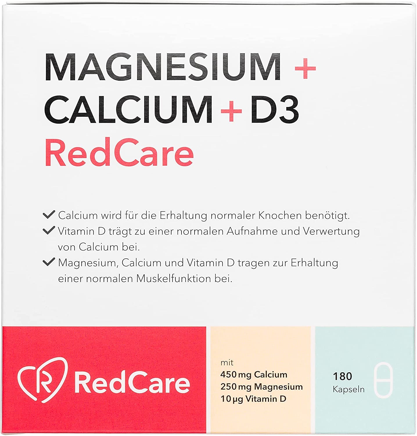 Produktbild von RedCare - Magnesium Calcium D3 180 St. - Vitamin D Komplex Tabletten & Magnesium hochdosiert Kapseln, Calcium hochdosiert & Vitamin D3 hochdosiert - Magnesium Tabletten, Vitamin D hochdosiert & Kalzium