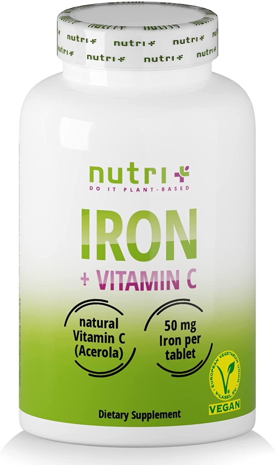 Produktbild von nutri + Eisentabletten 50mg hochdosiert vegan mit natürlichem Vitamin C aus Acerola 90 Eisen-Bisglycinat Tabletten für Vegetarier, Schwangere, Stillende, Veganer, Kinder & Müdigkeit