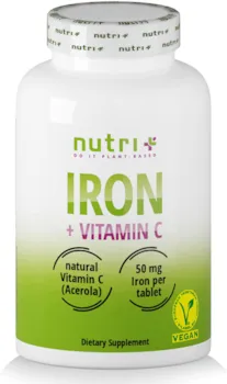 Produktbild von nutri + Eisentabletten 50mg hochdosiert vegan mit natürlichem Vitamin C aus Acerola 90 Eisen-Bisglycinat Tabletten für Vegetarier, Schwangere, Stillende, Veganer, Kinder & Müdigkeit