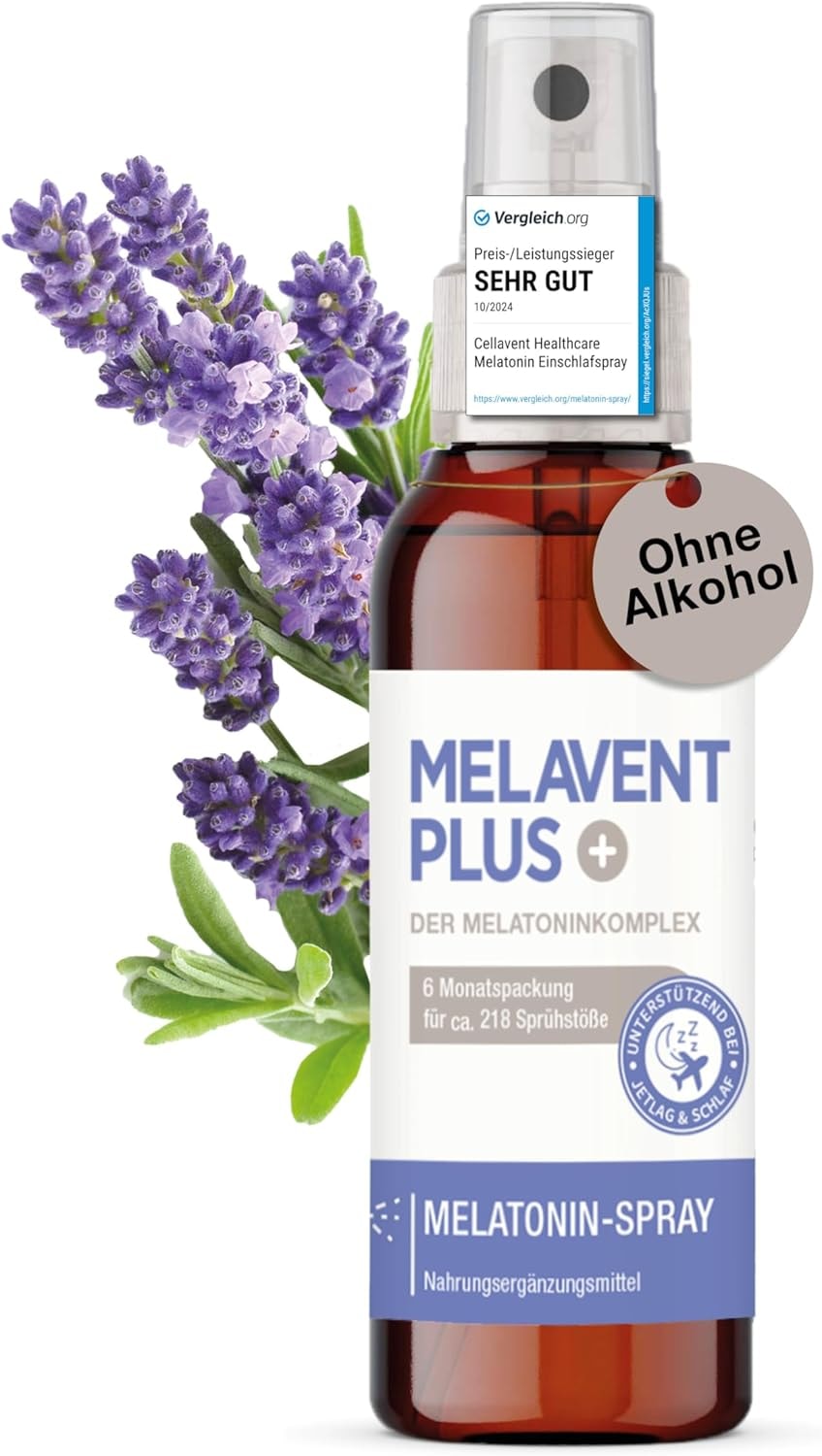 Produktbild von Bewertung Melavent PLUS Melatonin Einschlaf Spray von cellavent hochdosiert 0,5 mg Melatonin pro Tagesdosis mit Pflanzenextrakten Melavent PLUS 6 Monatsvorrat