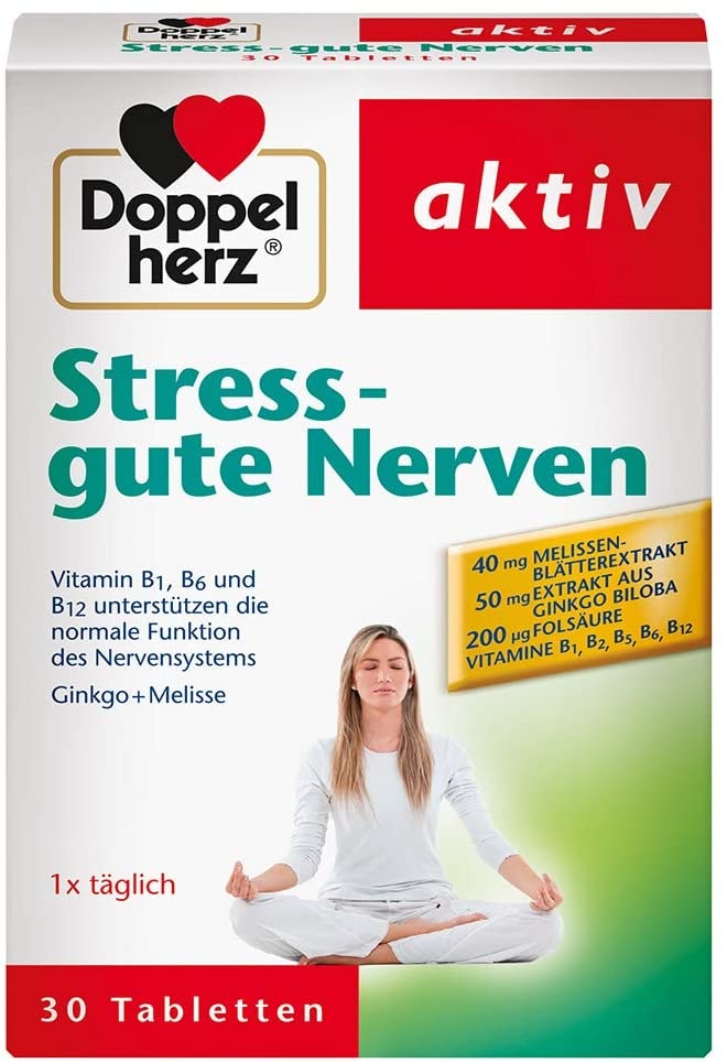 Produktbild von Bewertung Doppelherz Stress und gute Nerven – Nahrungsergänzungsmittel mit den Vitaminen B1, B2, B6 und B12 für die normale Funktion des Nervensystems – Mit Ginkgo & Melisse – 1 x 30 Tabletten