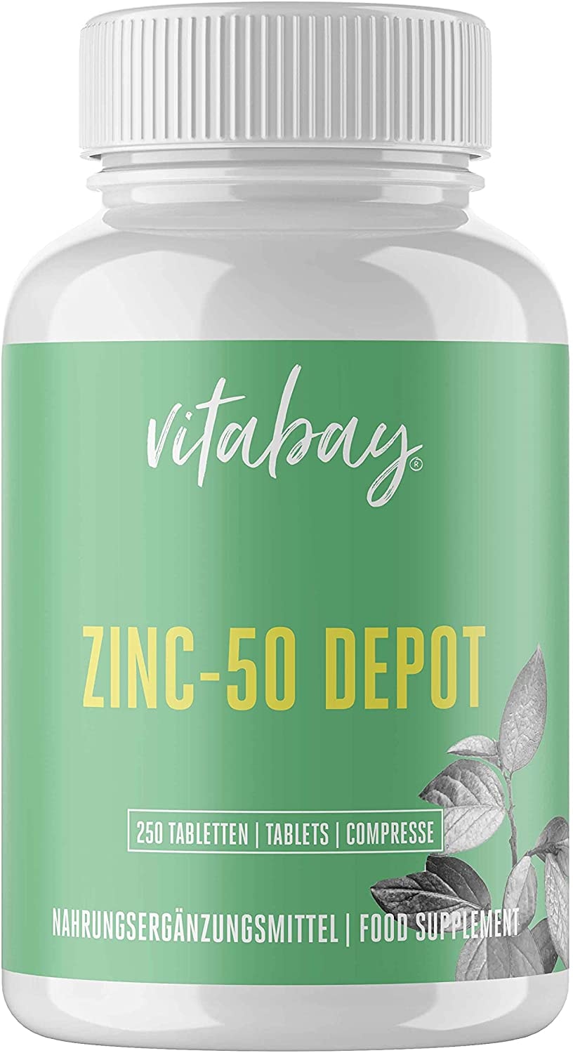 Produktbild von Vitabay Zink 50 mg • 250 Tabletten/500 Portionen • 25mg Zink (Elementargehalt) pro 1/2 Tablette • Aus reinem Zink Gluconat • Hohe Bioverfügbarkeit • Made in Germany