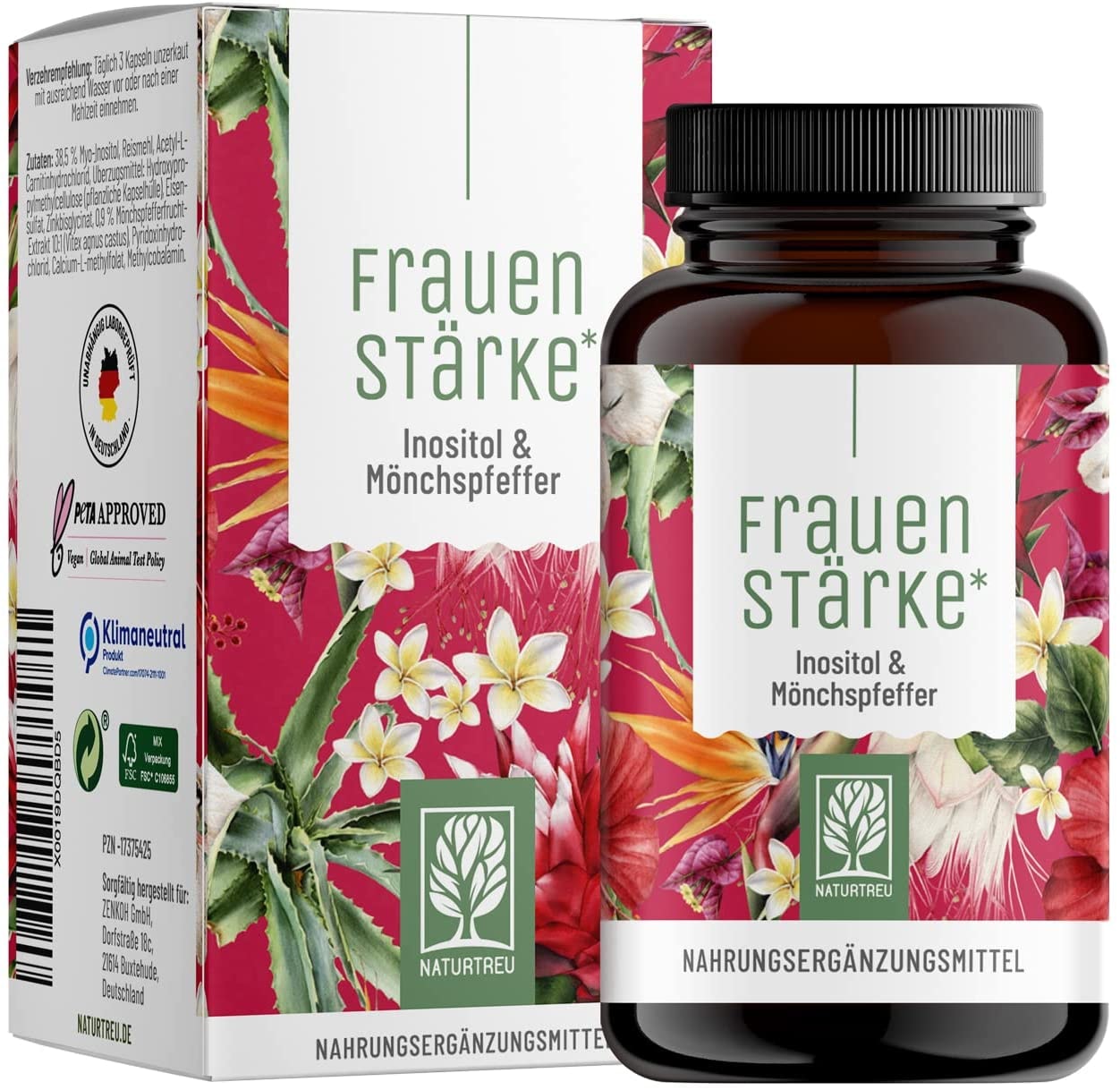 Produktbild von Bewertung NATURTREU Frauenstärke Myo Inositol und Mönchspfeffer gegen PMS hormonelle Menstruationsbeschwerden hochdosiert 90 Frauen Vitamine Kapseln mit L-Carnitin, Folsäure, B12 & Eisen - Vitex Agnus Castus ab PMS