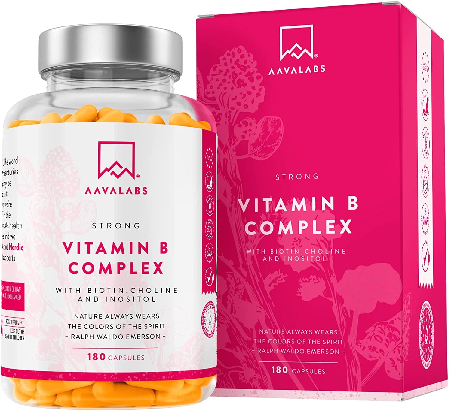 Produktbild von AAVALABS Vitamin B Komplex Hochdosiert - 180 Kapseln - enthält 8 essentielle B Vitamine - Vitamin B12 Hochdosiert, Vitamin B5 B1, Vitamin B6 B7 mit Biotin Hochdosiert und Folsäure, Inositol, Choline