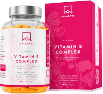 Produktbild von AAVALABS Vitamin B Komplex Hochdosiert - 180 Kapseln - enthält 8 essentielle B Vitamine - Vitamin B12 Hochdosiert, Vitamin B5 B1, Vitamin B6 B7 mit Biotin Hochdosiert und Folsäure, Inositol, Choline