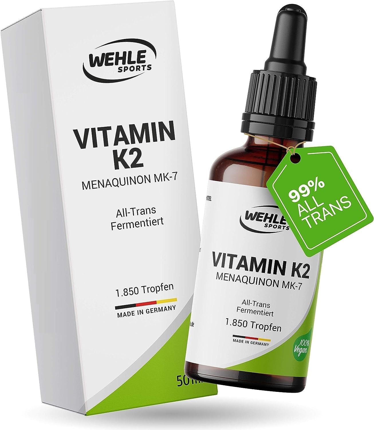 Produktbild von Bewertung Wehle Sports Vitamin K2 MK7 200µg 1850 Tropfen 50ml Premium 99% All-Trans Menaquinon Laborgeprüft vegan hochdosiert und hergestellt in DE