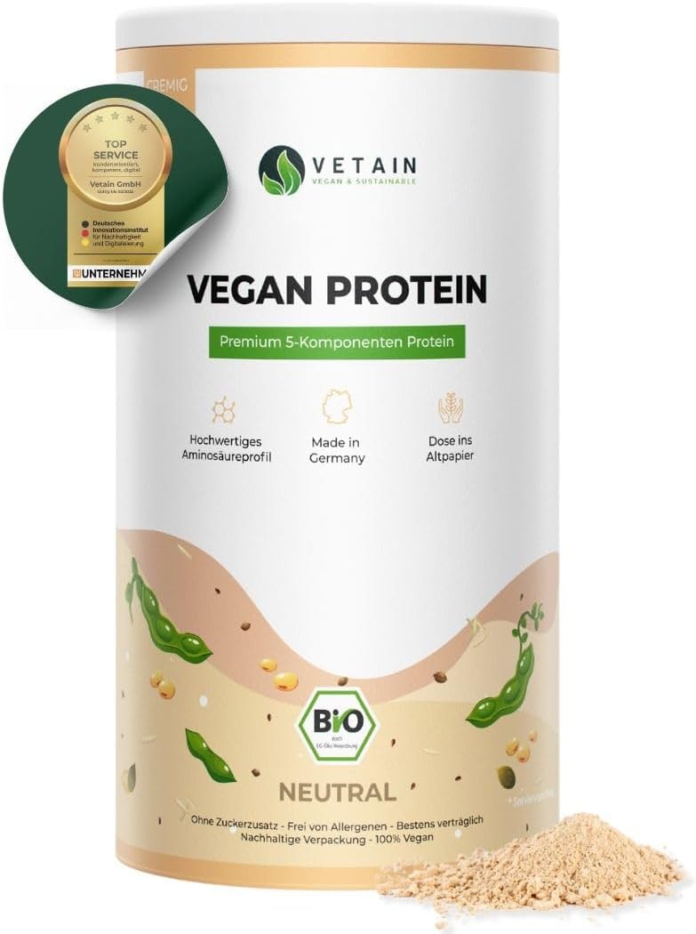 Produktbild von Bewertung Vetain Vegan Protein NEUTRAL BIO Veganes Proteinpulver Bestens verträglich, natürlich lecker Ohne Süßungsmittel Zuckerzusätze oder Allergene Eiweiß aus 5 pflanzlichen Komponenten 600g