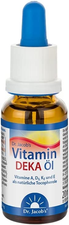 Produktbild von Bewertung Dr. Jacobs Vitamin DEKA Tropfen mit MCT Kokosöl 20ml Vitamine D3 A E Tocopherole K2 all-trans MK-7 in Arzneibuchqualität Synergie für Immunsystem¹ Knochen² Muskeln³ gut bioverfügbar vegetarisch