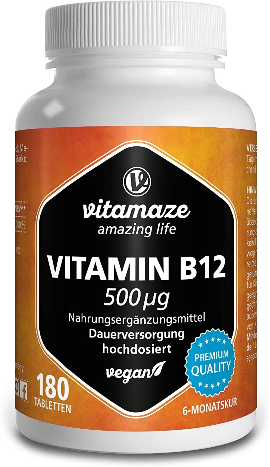 Vitamin B12 hochdosiert und vegan, Methylcobalamin, 500 mcg 180 Tabletten für 6 Monate, Natürliche Nahrungsergänzung ohne Zusatzstoffe