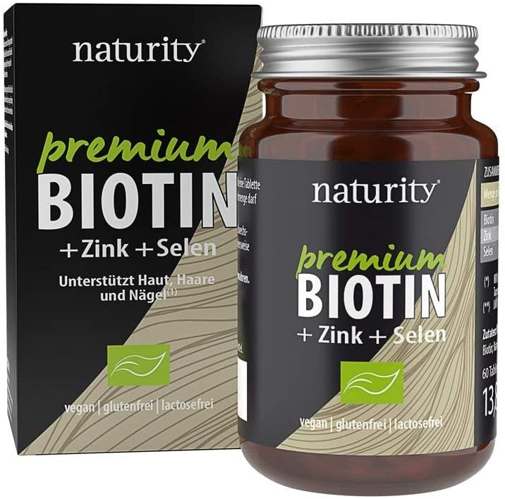 Produktbild von naturity PREMIUM BIOTIN Vitamin B7+Zink+Selen, hochdosiertes Biotin plus Zink und Selen, für Haut, Haare und Nägel, zur Unterstützung des Immunsystems (60 Tabletten)
