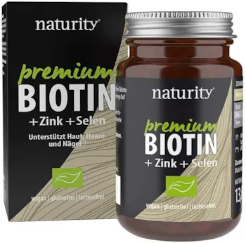 Produktbild von naturity PREMIUM BIOTIN Vitamin B7+Zink+Selen, hochdosiertes Biotin plus Zink und Selen, für Haut, Haare und Nägel, zur Unterstützung des Immunsystems (60 Tabletten)