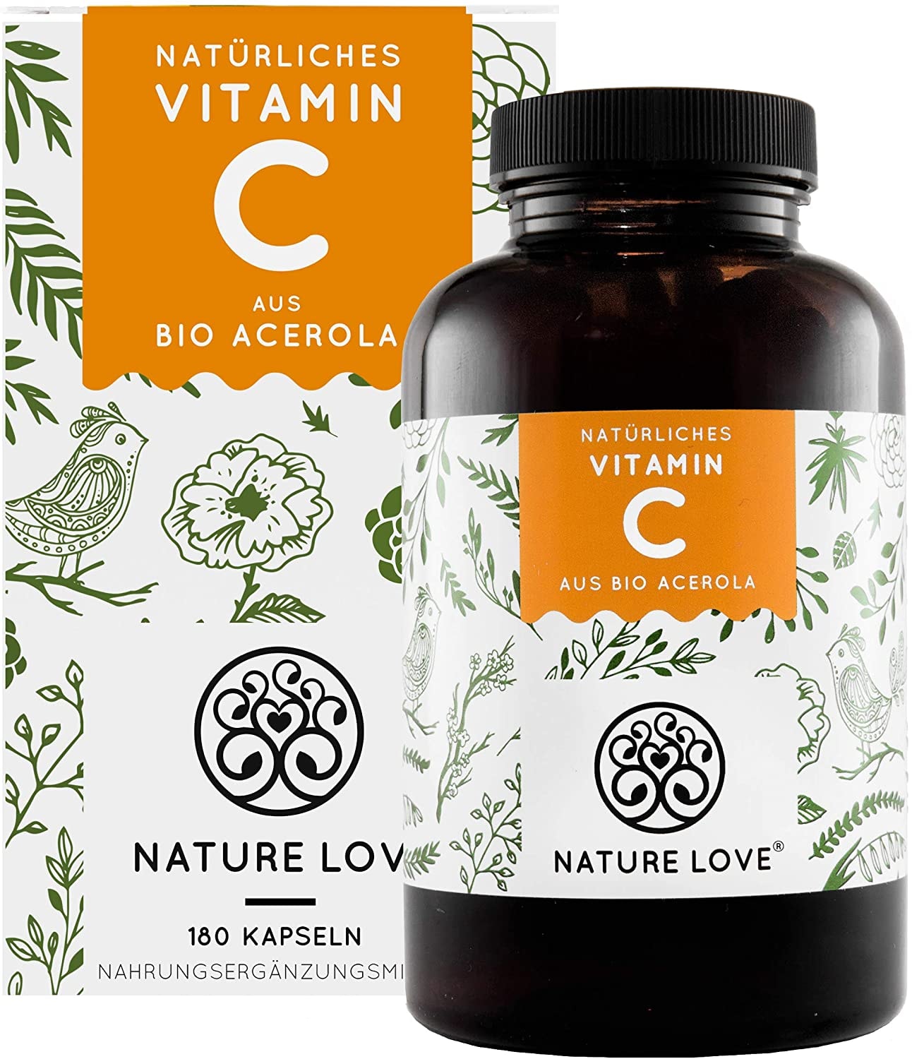 Produktbild von NATURE LOVE Natürliches Vitamin C in Bio Qualität 180 Kapseln Aus Bio Acerola Extrakt