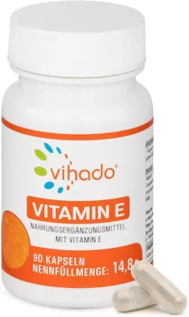 Vihado Vitamin E – veganes Nahrungsergänzungsmittel mit Vitamin E hochdosiert – kontrollierte Qualität aus Deutschland – ohne unerwünschte Zusätze – 90 Kapseln