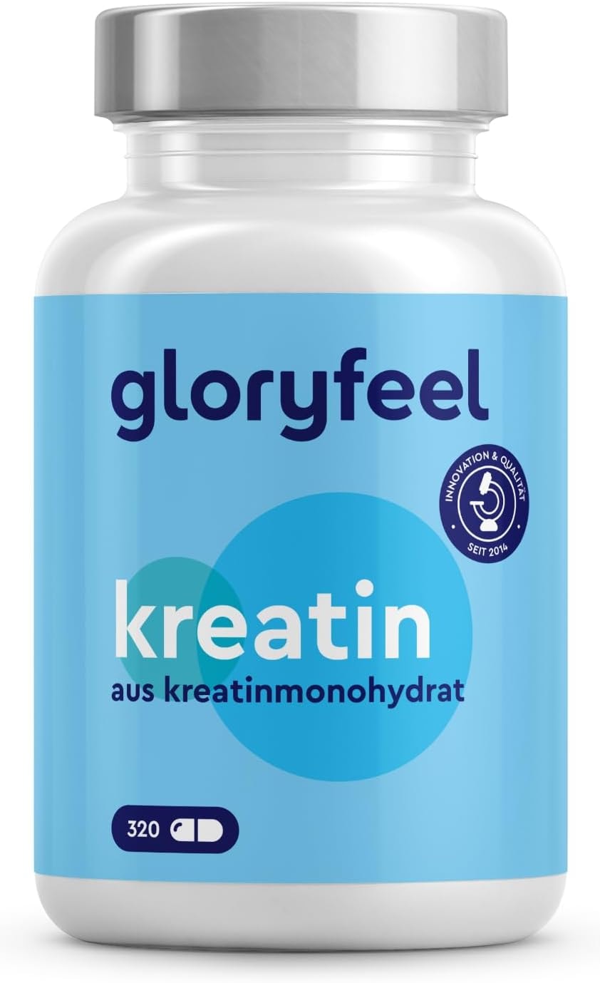 Produktbild von Bewertung GloryFeel Creatin Kapseln für effektives Krafttraining mit 3.412 mg Kreatin Monohydrat davon 3.000 mg reines Creatin pro Tag Mesh Faktor 200 hochdosiert und sorgfältig laborgeprüft