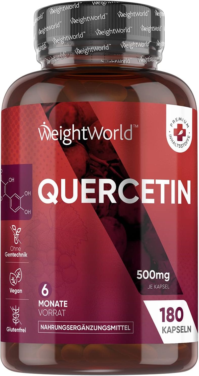 Produktbild von WeightWorld Quercetin 500mg Kapseln 180 vegane Kapseln für 6 Monate Vorrat - Reines Quercetin Pulver aus dem japanischen Schnurbaum - Natürliche Inhaltsstoffe & Hergestellt ohne Magnesiumsterat