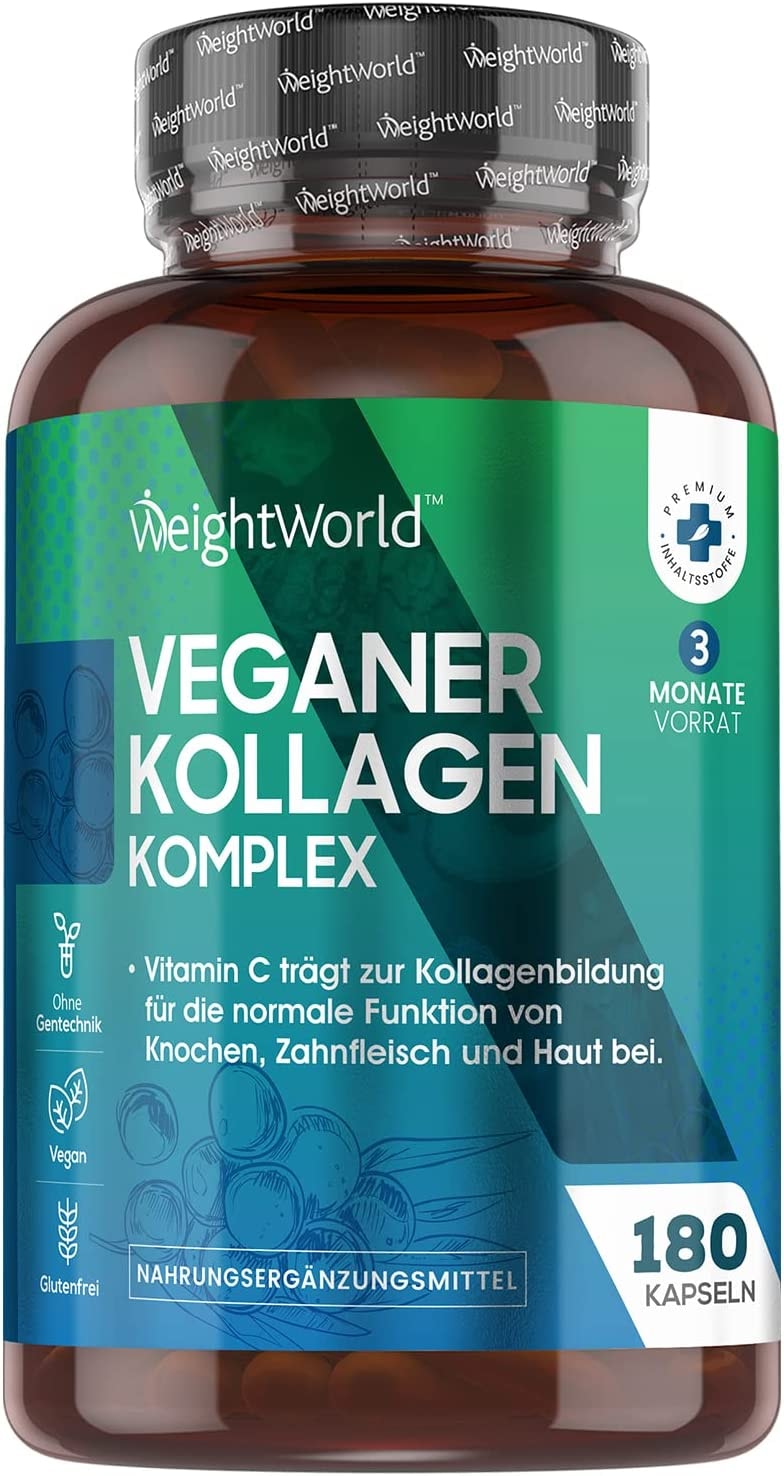 Produktbild von Bewertung WeightWorld Veganer Kollagen Komplex Kapseln zur Kollagenbildung mit Hyaluron, Zink, MSM, Vitamin C & E, Resveratrol - 180 Kapseln - Collagen Boost Komplex - Für Haut, Haare & Kollagenbildung - Laborgeprüft - WeightWorld