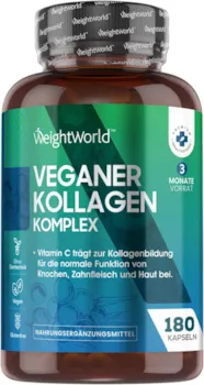 Produktbild von Bewertung WeightWorld Veganer Kollagen Komplex Kapseln zur Kollagenbildung mit Hyaluron, Zink, MSM, Vitamin C & E, Resveratrol - 180 Kapseln - Collagen Boost Komplex - Für Haut, Haare & Kollagenbildung - Laborgeprüft - WeightWorld