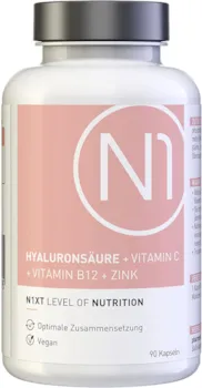 N1 Hyaluronsäure Kapseln idealdosiert - 90 Kapseln - [Hyaluron Kapseln Beautykomplex mit B12, Zink und Vit. C] - Vegan - für Haut, Haare, Nägel - Laborgeprüft ohne Zusätze