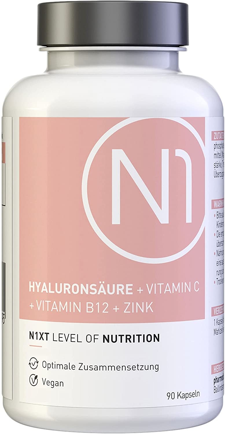 Produktbild von N1 Hyaluronsäure Kapseln idealdosiert - 90 Kapseln - [Hyaluron Kapseln Beautykomplex mit B12, Zink und Vit. C] - Vegan - für Haut, Haare, Nägel - Laborgeprüft ohne Zusätze