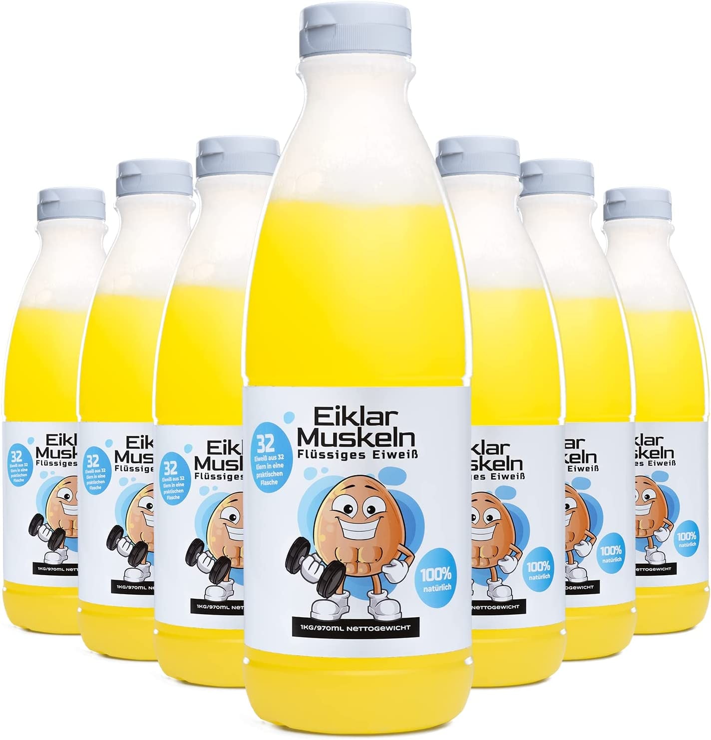 Produktbild von Farma Bialka Eiklar Muskeln flüssiges Eiweiß in Flasche 209 kJ pro 50 kcal Fett 0,5g Kohlenhydrate 1,1 g Protein 10,2 g, zum Kochen, Backen und für Eiweiß-Shakes (6 x 1kg (6kg))