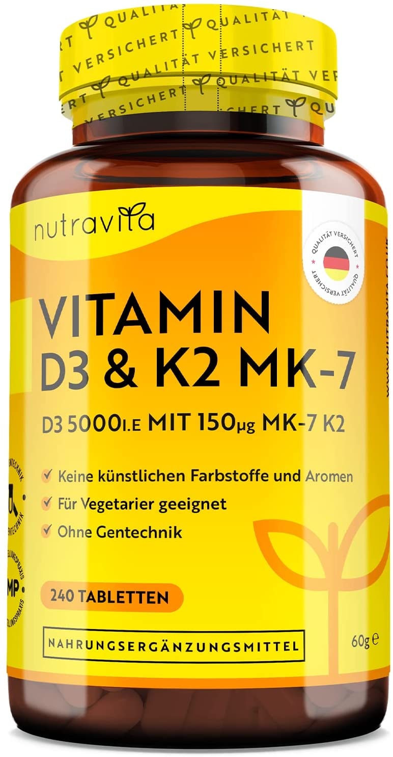 Produktbild von nutravita Vitamin D3 & K2 Tabletten 240 Tabletten 150mcg K2 Premium: 99,7+% All Trans MK7 (K2VITAL® von Kappa) + 5.000 IE Vitamin D3 Hochdosiert Vegetarier
