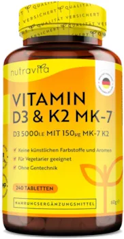 Produktbild von nutravita Vitamin D3 & K2 Tabletten 240 Tabletten 150mcg K2 Premium: 99,7+% All Trans MK7 (K2VITAL® von Kappa) + 5.000 IE Vitamin D3 Hochdosiert Vegetarier