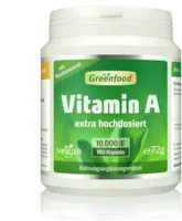 Greenfood Vitamin A das Augenvitamin, für gutes Sehvermögen. 10000 iE, extra hochdosiert, 180 Kapseln - OHNE künstliche Zusätze. Ohne Gentechnik. Vegan.