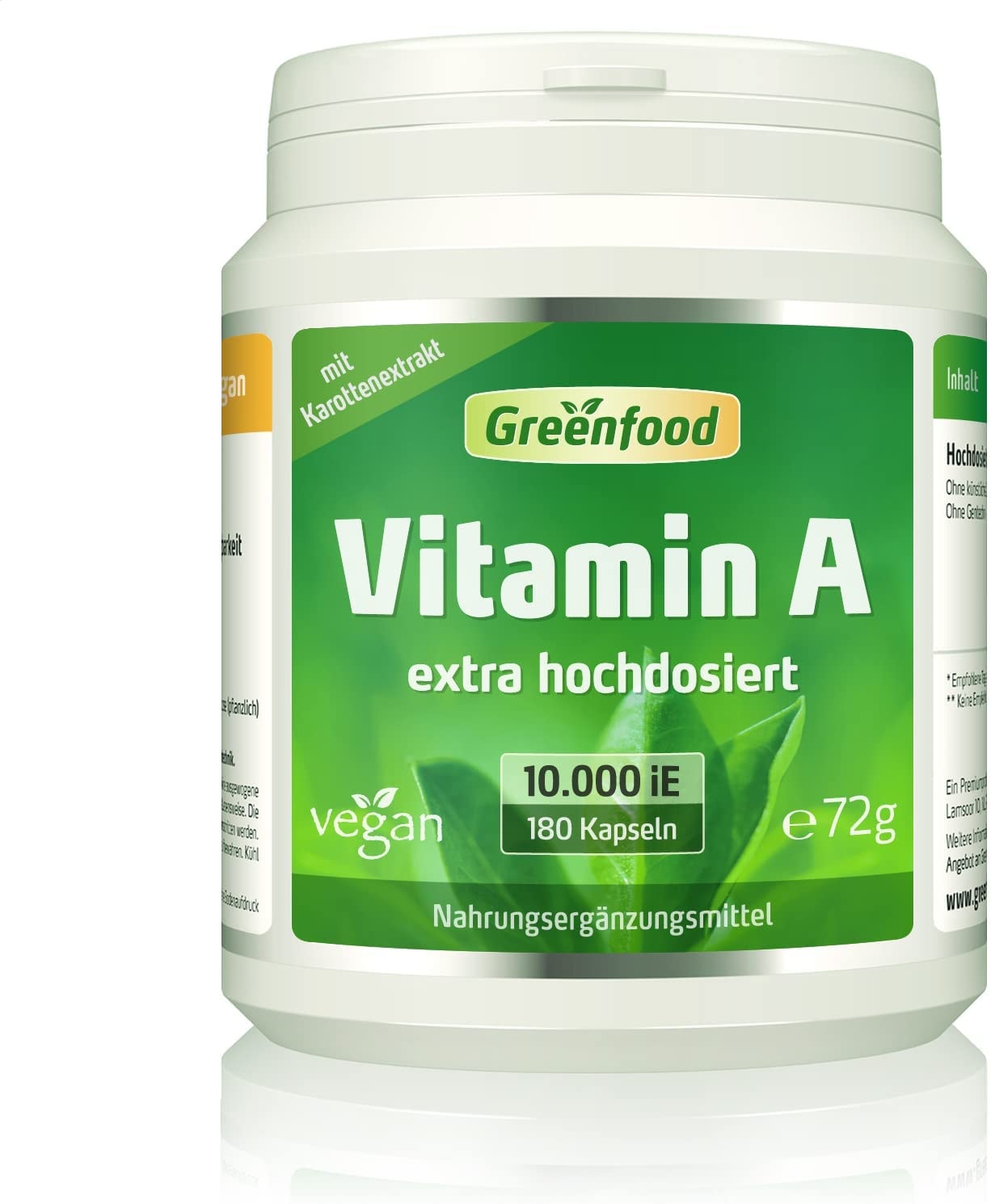 Produktbild von Greenfood Vitamin A das Augenvitamin, für gutes Sehvermögen. 10000 iE, extra hochdosiert, 180 Kapseln - OHNE künstliche Zusätze. Ohne Gentechnik. Vegan.