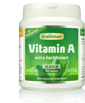 Produktbild von Greenfood Vitamin A das Augenvitamin, für gutes Sehvermögen. 10000 iE, extra hochdosiert, 180 Kapseln - OHNE künstliche Zusätze. Ohne Gentechnik. Vegan.