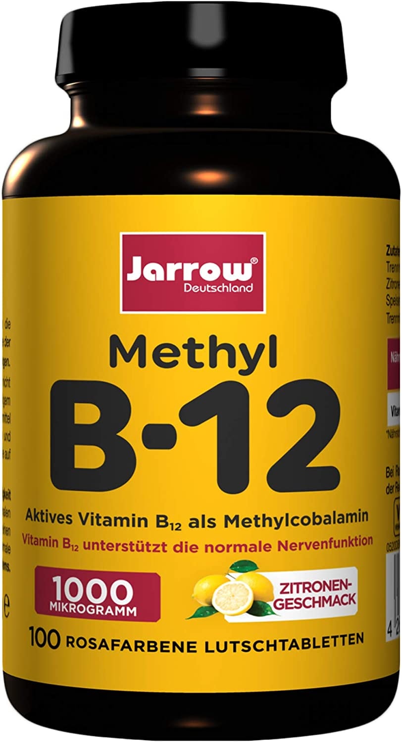 Produktbild von Jarrow Methyl B12 1000 µg, aktives Vitamin B12 als Methylcobalamin, rosafarbene Lutschtabletten mit Zitronengeschmack, 500 µg pro Tagesdosis, vegan, hochdosiert