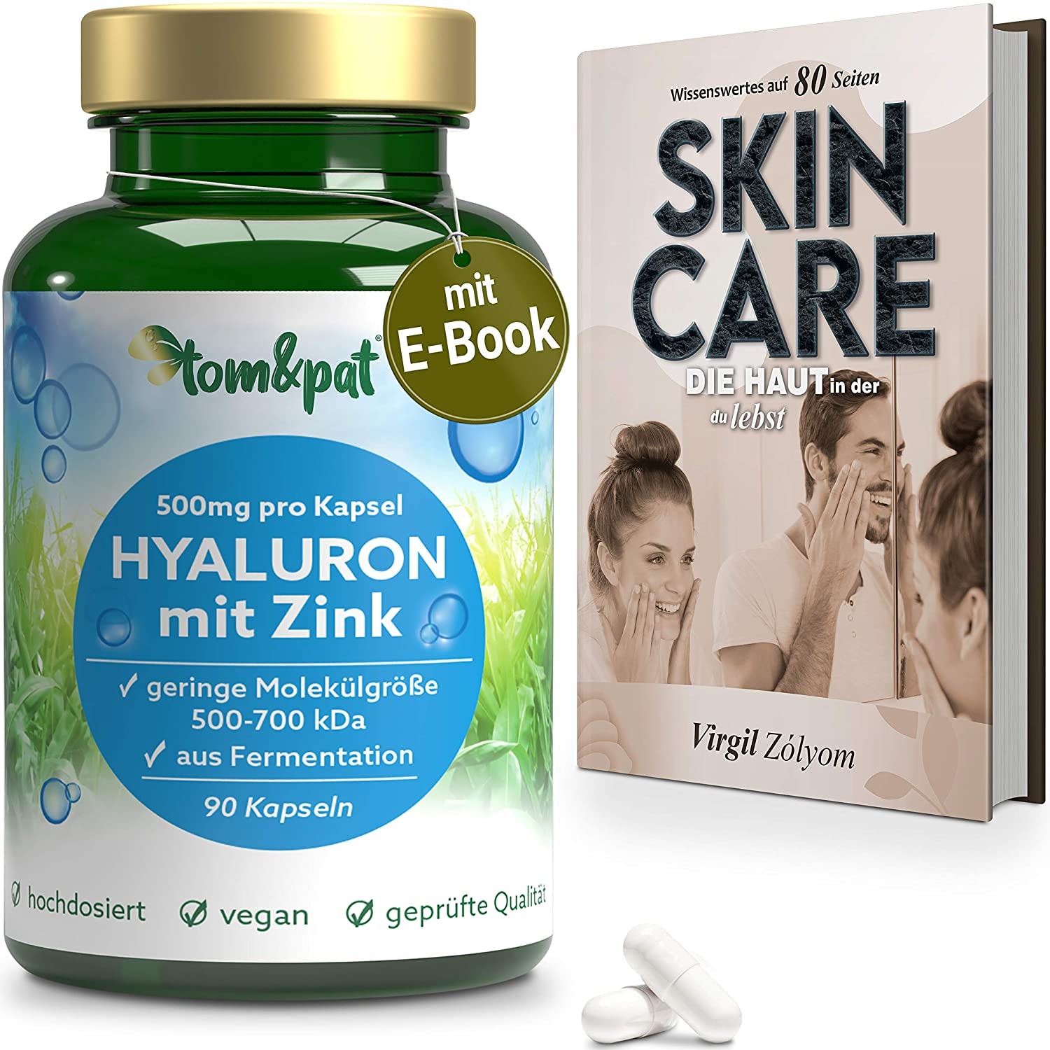 Produktbild von tom&pat® Hyaluronsäure Kapseln hochdosiert (500mg) mit Zink + E-Book: SKIN CARE, 90 Stück (3 Monate), 500 - 700 kDa, Hyaluron unterstützt Haut & Gelenke, laborgeprüft, in Deutschland produziert
