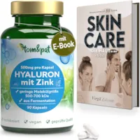 Produktbild von tom&pat® Hyaluronsäure Kapseln hochdosiert (500mg) mit Zink + E-Book: SKIN CARE, 90 Stück (3 Monate), 500 - 700 kDa, Hyaluron unterstützt Haut & Gelenke, laborgeprüft, in Deutschland produziert