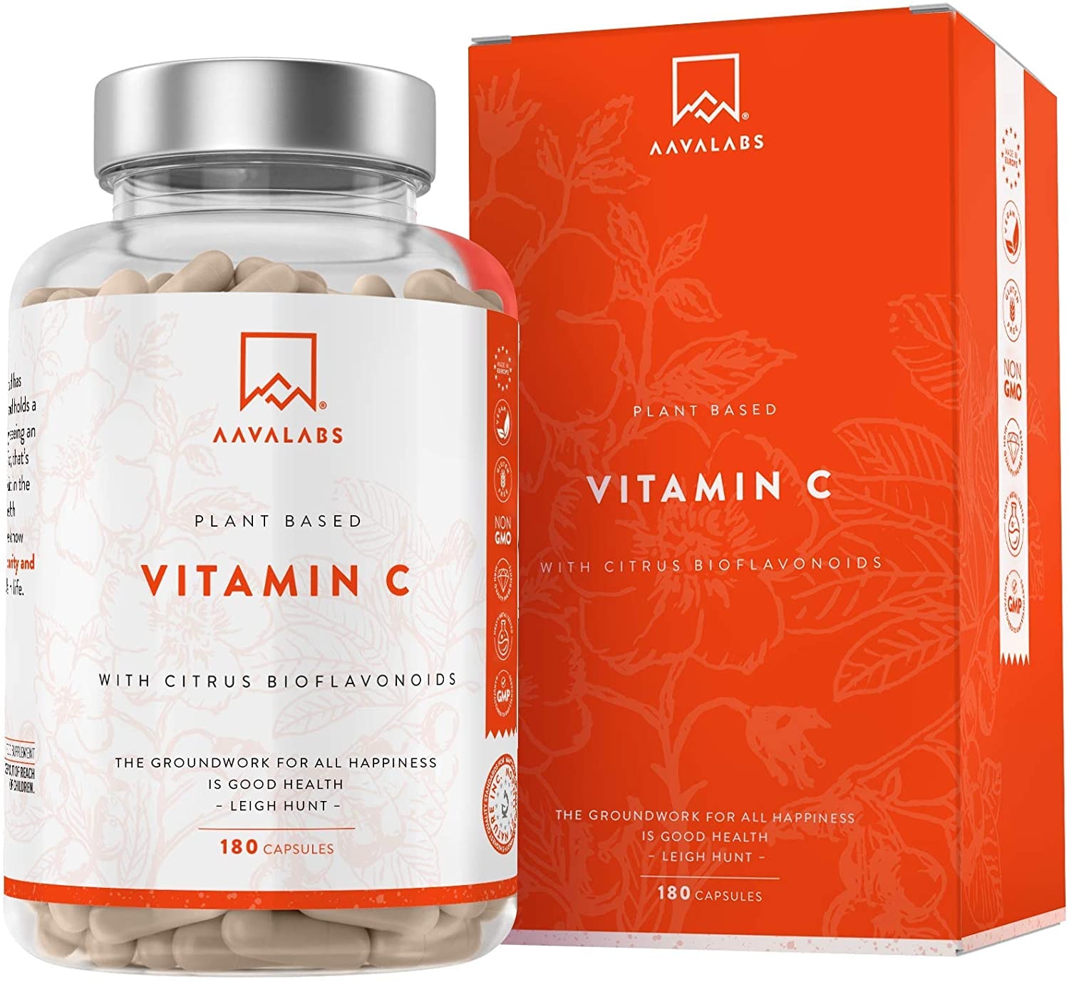 Produktbild von AAVALABS Natürliches Vitamin C Hochdosiert aus Acerola, Hagebutten und Zitrus- Bioflavonoiden Komplex - 915mg - 180 Vitamin C Kapseln - Hochdosiertes Vitamin C Vegan