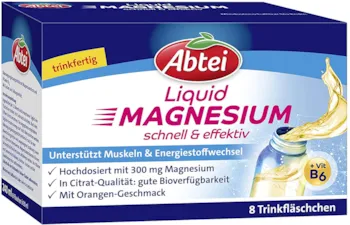 Abtei Liquid Magnesium - flüssiges Magnesium, hochdosiert, vegan und schnell verfügbar - zur Unterstützung der Muskelfunktionen - mit Orangengeschmack, 8 Trinkflaschen