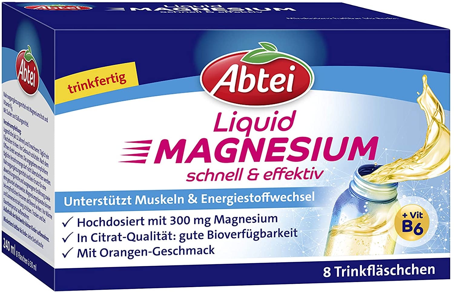 Produktbild von Abtei Liquid Magnesium - flüssiges Magnesium, hochdosiert, vegan und schnell verfügbar - zur Unterstützung der Muskelfunktionen - mit Orangengeschmack, 8 Trinkflaschen