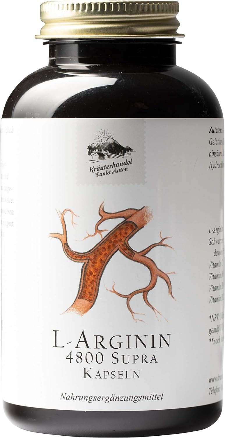 Produktbild von Bewertung Kräuterhandel Sankt Anton L-Arginin 4800 Supra Kapseln 300 Kapseln 60 mg L-Arginin Hochdosiert Arginin Base und HCL Vitamin C Deutsche Premium Qualität
