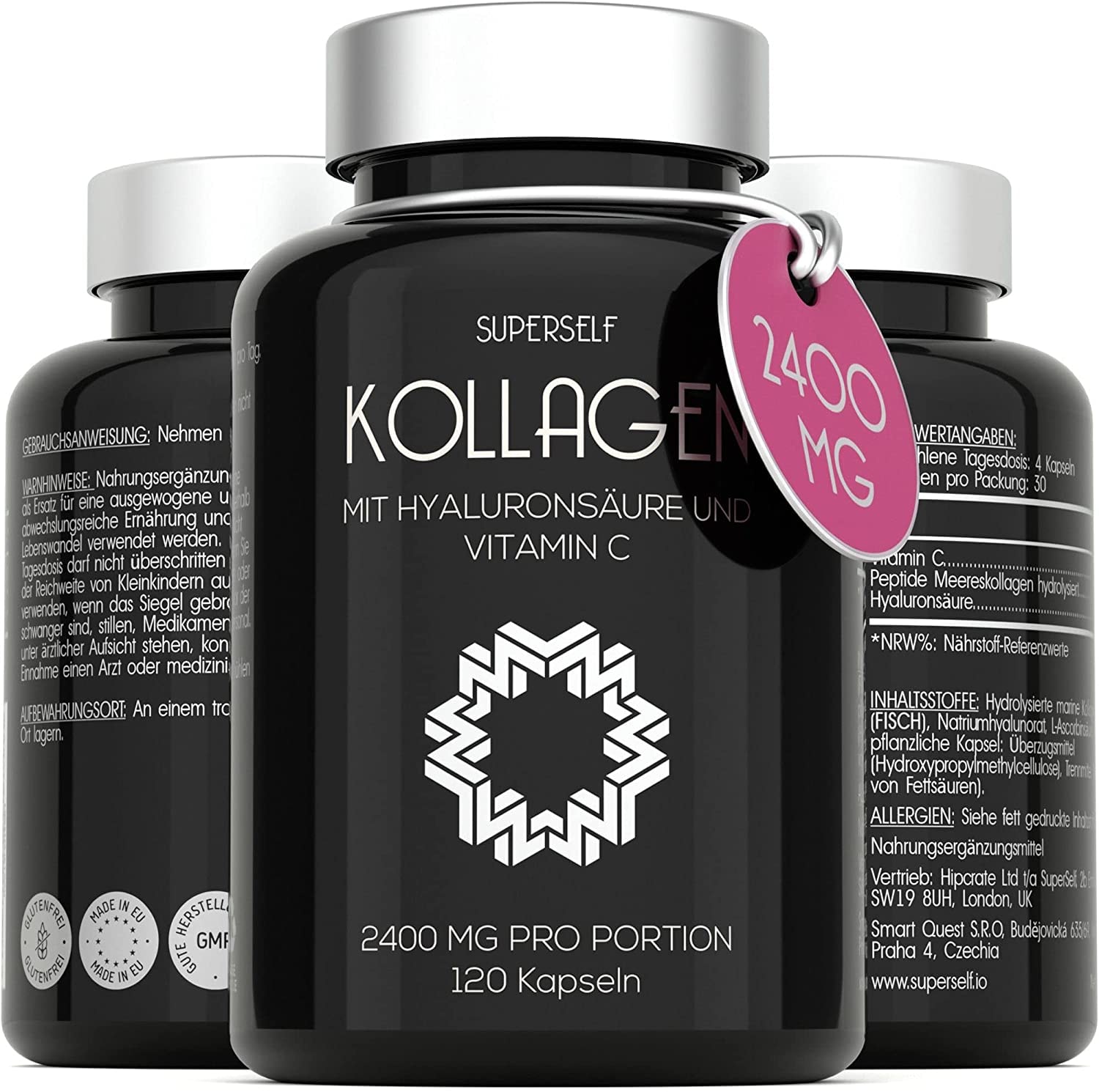 Produktbild von SUPERSELF - Kollagen Kapseln Hochdosiert - 2400 mg Meereskollagen mit Hyaluronsäure und Vitamin C - 120 Kapseln - Premium Marine Collagen Hydrolysat Peptide Typ 1 - Hyaluron Kollagen Komplex für Haut & Gelenke