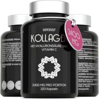 Produktbild von SUPERSELF - Kollagen Kapseln Hochdosiert - 2400 mg Meereskollagen mit Hyaluronsäure und Vitamin C - 120 Kapseln - Premium Marine Collagen Hydrolysat Peptide Typ 1 - Hyaluron Kollagen Komplex für Haut & Gelenke