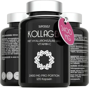 Produktbild von SUPERSELF - Kollagen Kapseln Hochdosiert - 2400 mg Meereskollagen mit Hyaluronsäure und Vitamin C - 120 Kapseln - Premium Marine Collagen Hydrolysat Peptide Typ 1 - Hyaluron Kollagen Komplex für Haut & Gelenke