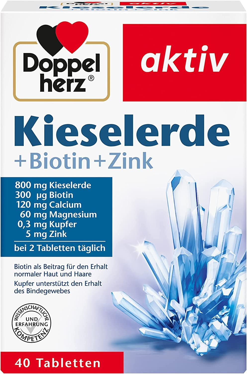 Produktbild von Doppelherz Kieselerde – Silicium, Zink als Beitrag für den Erhalt normaler Nägel – Biotin für Haare und Haut – 1 x 40 Tabletten