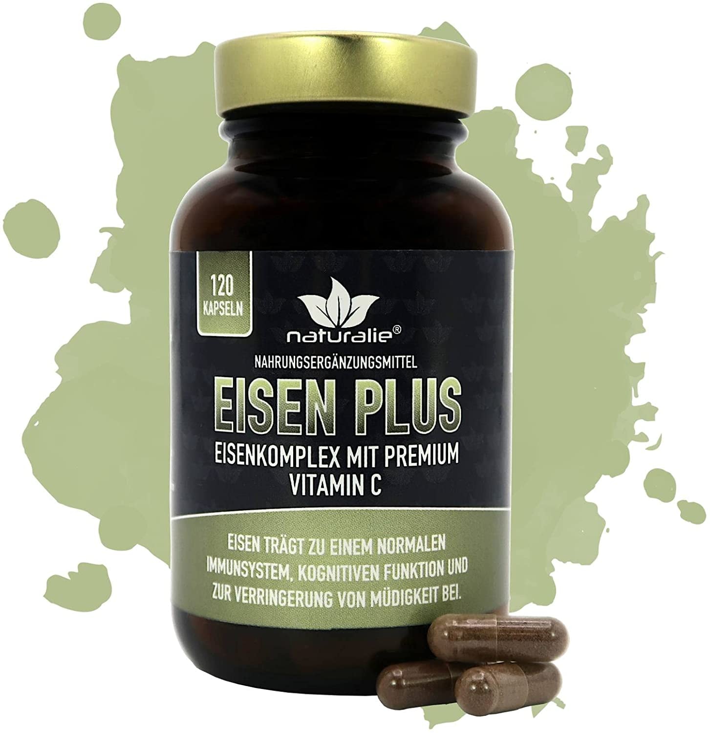 Produktbild von naturalie - Eisen Plus Komplex Kapseln | 15mg Eisen | optimierte Bioverfügbarkeit dank premium Vitamin-C | Eisenbisglycinat + Curryblattextrakt | laborgeprüft | 120 Kapseln im BPA-freien Braunglas