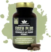 Produktbild von naturalie - Eisen Plus Komplex Kapseln | 15mg Eisen | optimierte Bioverfügbarkeit dank premium Vitamin-C | Eisenbisglycinat + Curryblattextrakt | laborgeprüft | 120 Kapseln im BPA-freien Braunglas