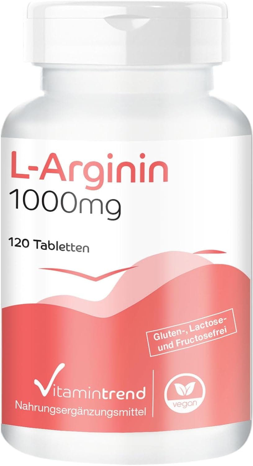 Produktbild von Bewertung Vitamintrend L-Arginin 1000mg essentielle Aminosäure 3000mg L-Arginin pro Tagesdosis 120 Tabletten hochdosiert sichere Dosierung vegan bioverfügbare Supplements aus Deutschland Vitamintrend