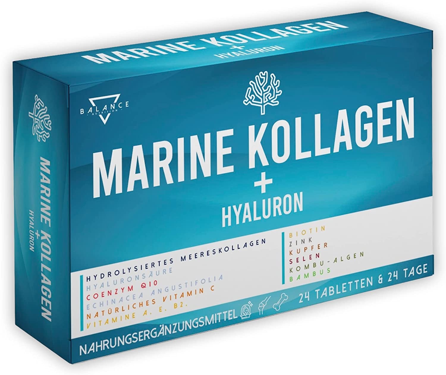 Produktbild von BALANCE NUTRITION - MARINE COLLAGEN | Collagen Kapseln Hochdosiert | Kollagen Hydrolysat mit Hyaluronsäure | Haut Vitamine, Bindegewebe Straffen, Gelenke, Knochen | mit 15 Wirkstoffen, 100% natürlich