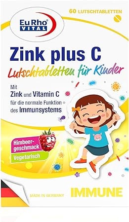Produktbild von Bewertung EuRho Vital Zink Vitamin C Lutschtabletten für Kinder vegetarische Nahrungsergänzung zur Unterstützung des Immunsystems optimal für Kinder ab 4 Jahren