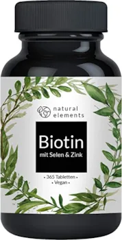 natural elements Biotin + Selen + Zink für Haut, Haare & Nägel - 365 vegane Tabletten - Premium Verbindungen z.B. von Albion® - Ohne Magnesiumstearat, laborgeprüft & in Deutschland produziert