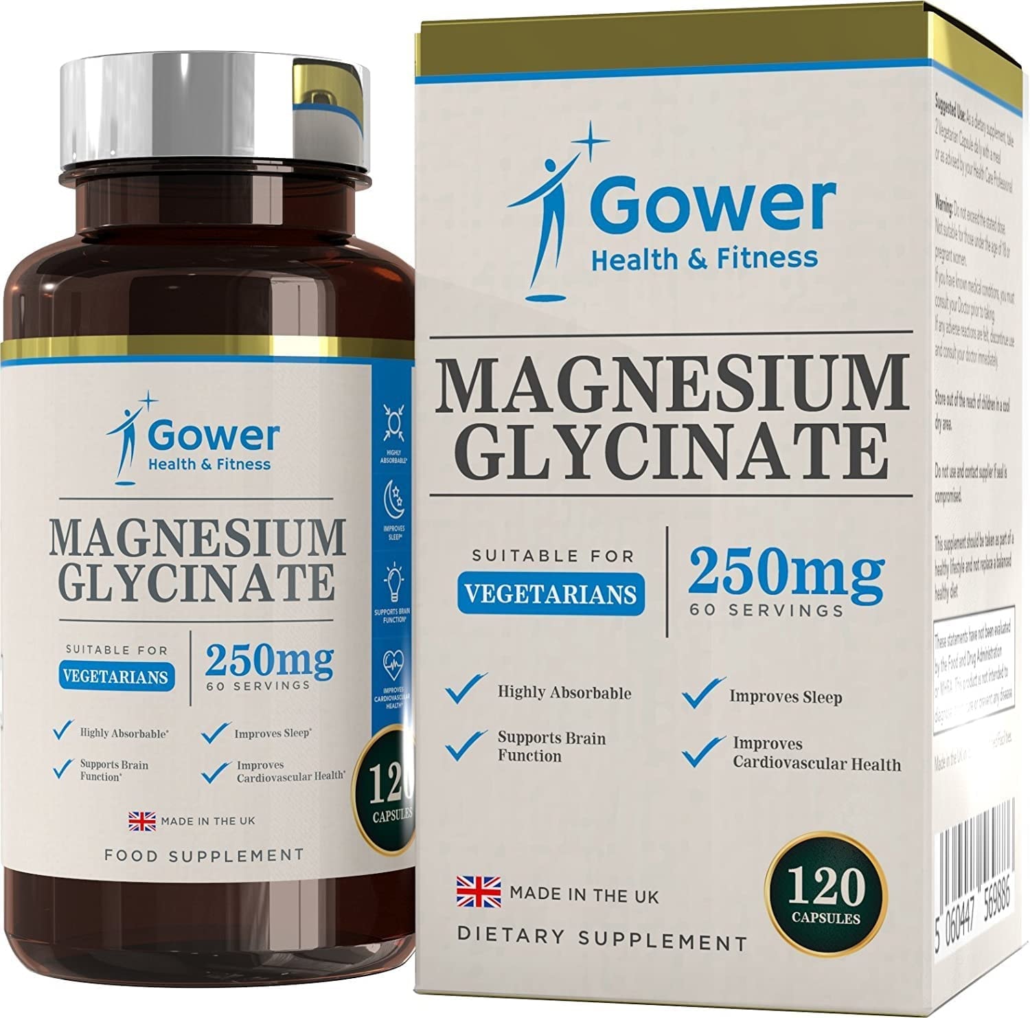 Produktbild von Gower Health & Fitness - Magnesium Glycinat Kapseln 250mg | 120 Vegane Magnesium Glycinate Kapseln | Höchst Bioverfügbares Magnesiumbisglycinat | Hergestellt in ISO-zertifizierten Betrieben | Gentechnik- & Glutenfrei