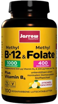 Jarrow Methyl-B12 & MethylFolate + Vitamin B6, veganes Vitamin B-Trio, Tagesdosis Vitamin B12 500 µg, 100 Lutschtabletten mit Zitronengeschmack, Jarrow Deutschland