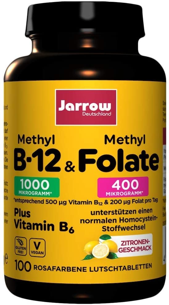 Produktbild von Jarrow Methyl-B12 & MethylFolate + Vitamin B6, veganes Vitamin B-Trio, Tagesdosis Vitamin B12 500 µg, 100 Lutschtabletten mit Zitronengeschmack, Jarrow Deutschland