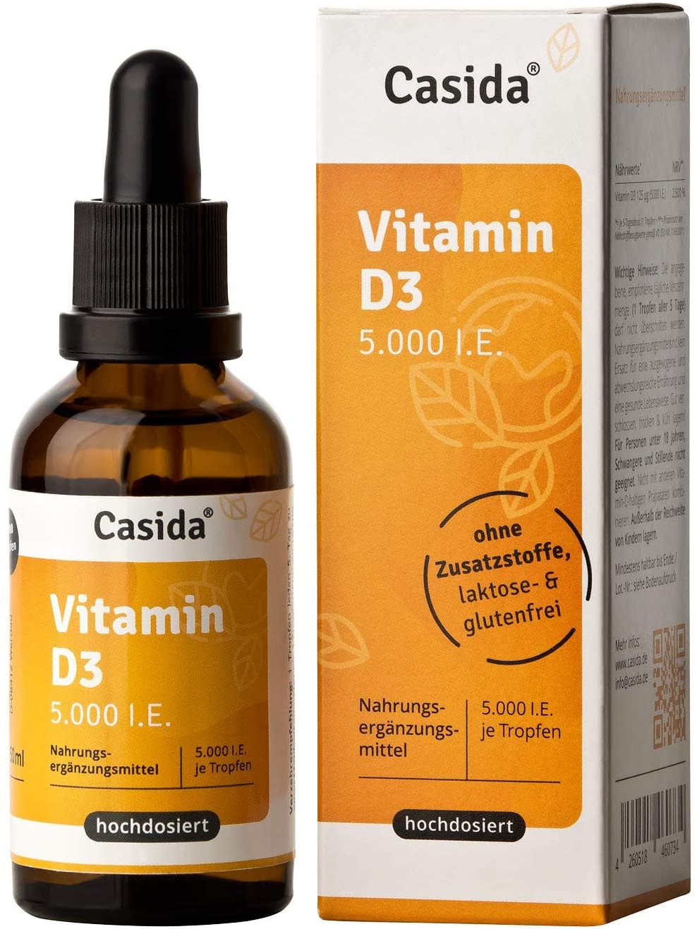 Produktbild von Casida Vitamin D3 Tropfen 5000 I.E. Hochdosierte, flüssige Vitamin D3 Tropfen, gelöst in hochwertigem MCT Öl - Aus der Apotheke - 50 ml